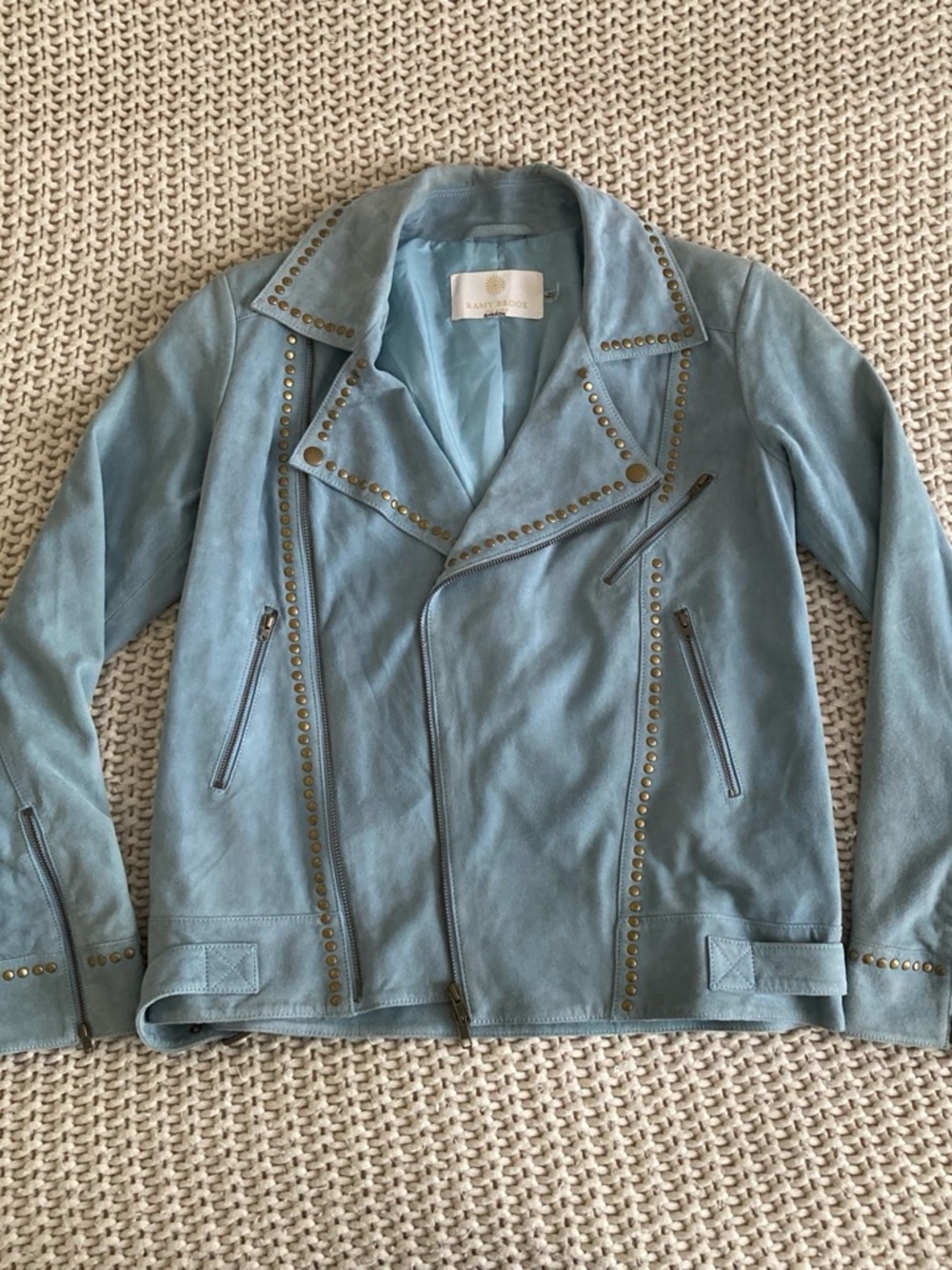 Ramy Brook Light Blue Suede Studded Moto Jacket